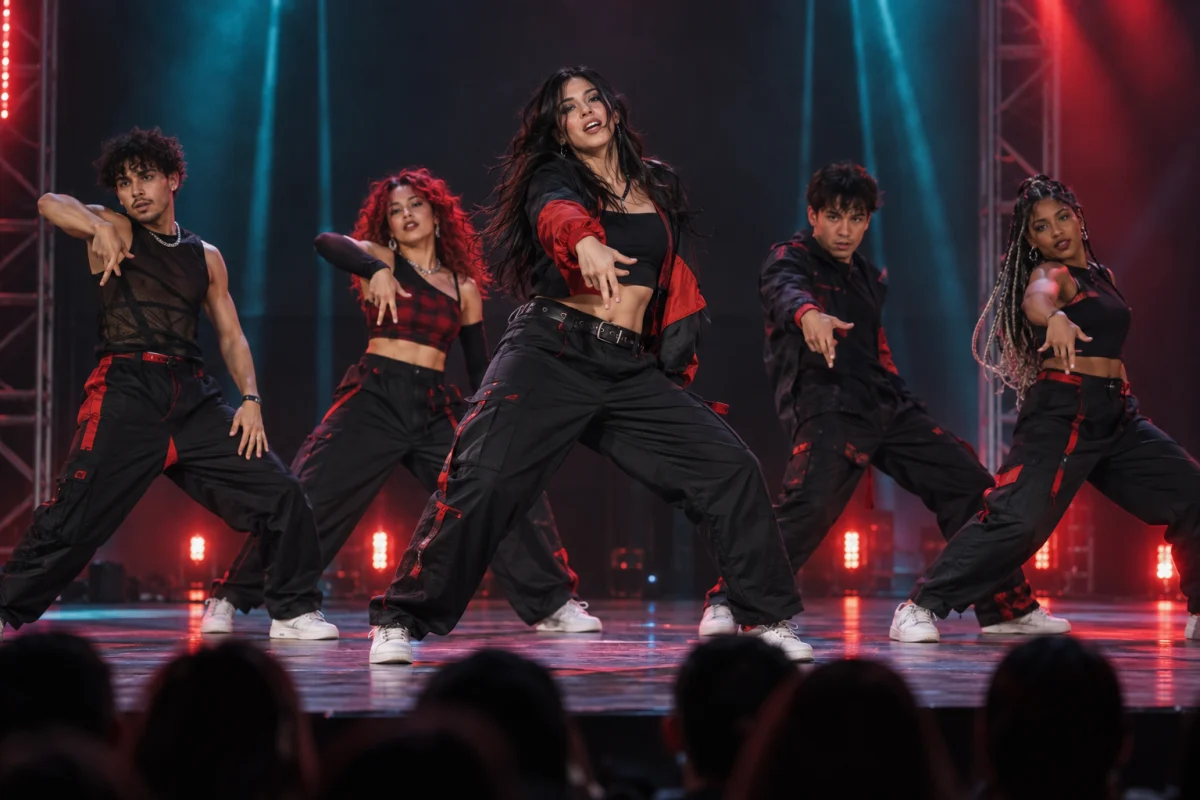Grupo de K-pop em uma apresentação com iluminação de palco
