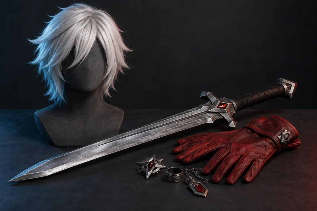 Peruca, espada cenográfica e acessórios de cosplay em uma composição ilustrativa